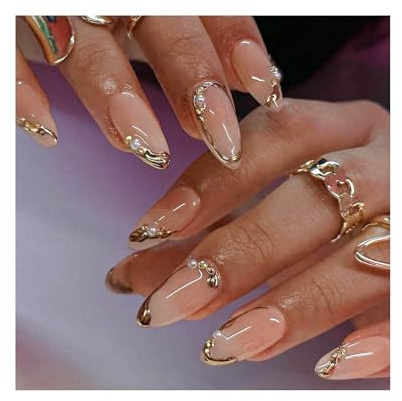 JOOTUEPO Kit De Faux Ongles, Acryliques en Amande, French Tip Press on Nails, Rayures Dorées Design, Réutilisables, Couverture Complète, pour Femmes et Filles, Pour DéButant Manucure Et Diy Nail Art