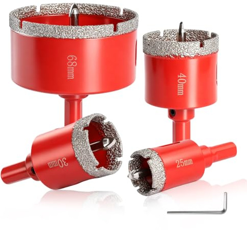 Brocas de Diamante para Porcelanico 25/30/40/68 mm, 4 Piezas Sierra Perforadora de Diamante con Broca de Centro Piloto, Coronas de Diamante para Porcelana Vidrio Cerámica Granito Mármol Azulejos