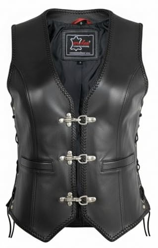 MDM Gilet moto femme en cuir noir véritable – Veste sans manches robuste avec poches intérieures sécurisées et coupe cintrée (FR/ES, Alpha/lettres, S, Taille normale, Taille normale, Noir)