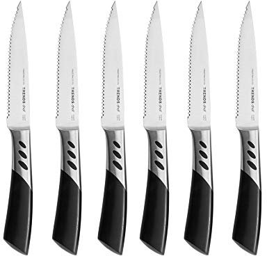 TRENDS Steak Knives Set of 6 – Ultra-Sharp Serrated German Stainless Steel Steak Knives with Black Non-Stick Coating, Ergonomic Handles, Dishwasher Safe – Premium Cutlery for BBQ, and Dining
