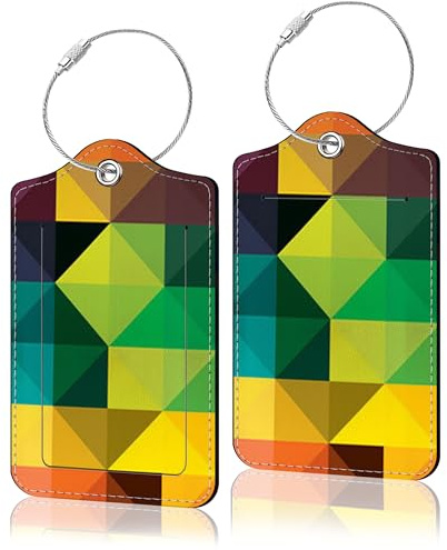 PU Leather Luggage Tag, Suitcase Labels, Colorful Geometric ID Tags Card, Baggage Bag Label with Stainless Steel Loop, Full Back Privacy Cover for Men Women Travel, Set of 2