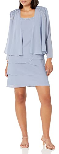 S.L. Fashions Women's Embellished Tiered Jacket Dress (Petite and Regular) Special Occasion, Hydrangea, 14