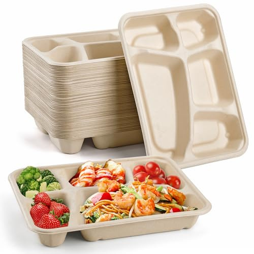 Elsjoy 50 Pack 5-Compartment Disposable Plates, 11 x 8 Compostable School Lunch Tray Divided Paper Plates, Heavy-Duty Sectional Paper Plate for Party, Picnic
