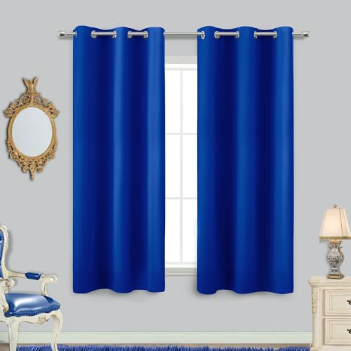 KOUFALL Blå julgardiner, korta, för vardagsrum och köksfönster, mörkläggande barn­gardiner för sovrum, 2-pack, 107 x 137 cm