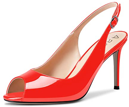Aachcol Femmes Aiguille Ouvert Bout Escarpins Bloc Chunky Mi Haut High Talon Heel Slingback Lanières Cheville Sandales Dress Chaussures Party Rouge Vernis 8.5 CM 37 EU