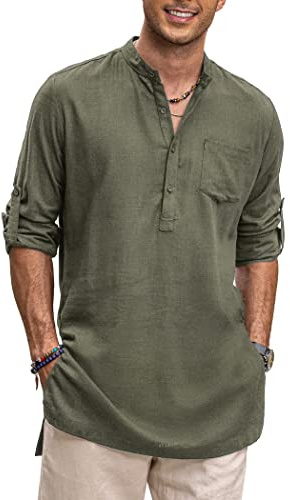 COOFANDY Men's Casual Summer Linen Henley Shirts Long Sleeve Banded Collar Shirt Solid Indian Kurta Shirts with Pocket Army Green
