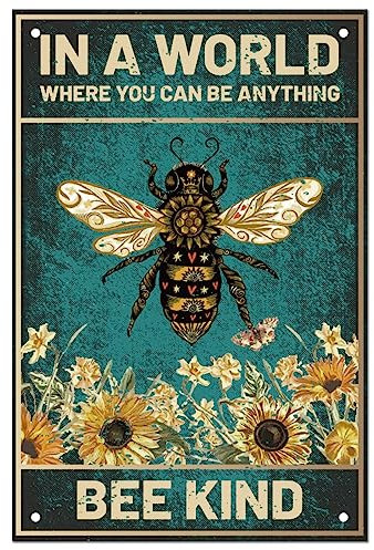SUPERDANT Garden Metal Signs Bee Tin Sign Bee Flower Signs and Plaque Funny Poster Be Kind Sign Metal Wall Plaques for Man Cave Home Outdoor Vintage Decor 20x30cm