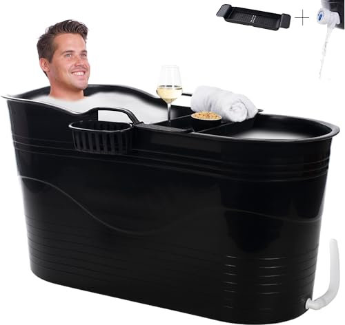 HelloBath® Seau Bain Pour Bain Glacé et Bain à Remous - XL 122x56x64cm - Baignoire Avec Tuyau Vidange et Bouchons Vidange - Piscine Autoportante Pour Adultes, Enfants Compagnie (Ultra Black)