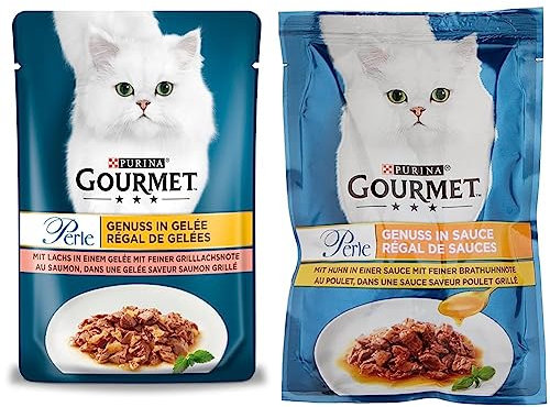 PURINA Gourmet Perle Genuss in Gelee Katzenfutter nass mit Lachs & feiner Grillachsnote 26er Pack (26 x 85g) & PURINA Gourmet Perle Genuss in Sauce Katzenfutter nass, mit Huhn, 26er Pack (26 x 85g)