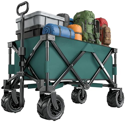 Outsunny Carrello da Campeggio 205L con 4 Ruote Ampie Grandi, Carrello Spiaggia Pieghevole in Acciaio e Tessuto Oxford con Maniglia Telescopica Regolabile, per Giardino Campeggio, Carico 70kg, Verde