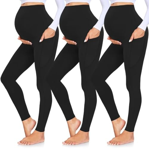 GROTEEN 3 Pack Women's Maternity Leggings Over The Belly with Pockets Maternity Pants Clothes Outfits Sets Sweatpants Buttery Soft Tights Pregnancy Must Haves Essentials Black/Black/Black