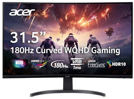 acer Nitro 31.5 Inch WQHD 2560 x 1440 1500R Curved Gaming Monitor | AMD FreeSync | Up to 180Hz Refresh | 1ms (VRB) | Tilt | One Display Port 1.4 & Two HDMI 2.0 | EDA323QU S3bmiiphx