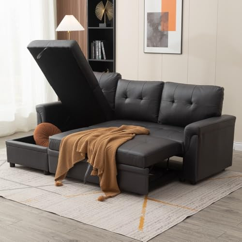 Panana Corner Sofa Bed, L-Shaped Sofa Corner Sofa, 3 Seater Pull out Sofa Bed with Storage Chaise, Convertible Click Clack Sofa Bed Settee Sectional Sofa, FRSS23 (Black Leather Like Fabric FRSS23BK)