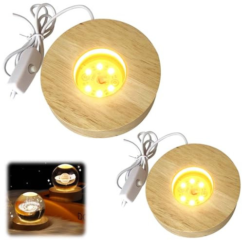2 basi luminose a LED in legno, con presa USB per vetro acrilico, colore caldo, base rotonda, supporto per display, cristalli, vetro acrilico, gioielli in resina