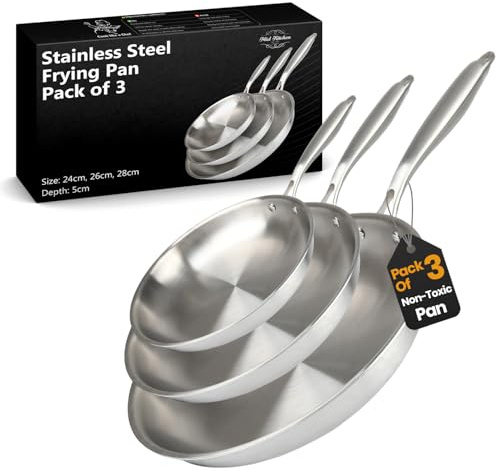 MISL HOME - Stainless Steel Frying Pan Set Pack of 3-24/26 / 28cm with Stay Cool Handles – Triple-Layer Pan Induction Compatible, Dishwasher Friendly Steel Cookware Set for Home Cooking
