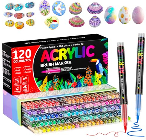Patamiyar 120 Colores Rotuladores Acrílicos, Marcadores Rotuladores Acrílicos, Acrylic Markers Pintura a Base de Agua con Punta de Pincel de 1-5 mm para Rupestre, Vidrio, Cerámica, Lienzo,Papel,Madera
