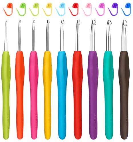 Crochet Hooks, 9 Pcs Colorful Ergonomic Comfort Rubber Soft Grip Crochet Needles, 2-6 mm Crochet Hook for Beginners Adults with Stitch Markers