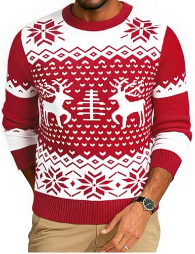Demegimi Pull de Noël Homme Hiver Chaud Molletonné à Manches Longues Col Rond Pull Homme Sweat Décontracté Sportif avec Flocons de Neige et Renne pour Fête de Noël,Rouge,L