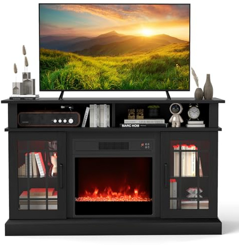 COSTWAY Electric Fireplace Insert TV Stand, Entertainment Center Console Table with Adjustable Flame, Overheat Protection Fire Heater & Remote (Black, with RGB LED Lights, 18” Fireplace, for 55” TV)