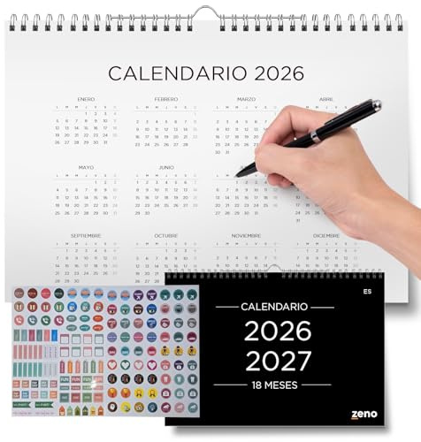 ZENO Calendario 2026 Pared - De Enero 26 al Junio 27 (18 meses) - Planificador mensual y organizador familiar 2026-2027 - Ideal para familias - Fácil de leer - Fijación incluida