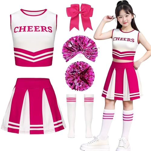 XFOZDM Cheer leader - Costume da cheerleading, uniforme da cheerleading, con pompon e calzini da cheerleader, per bambini, colore nero, per costume di carnevale, Halloween, colore rosa 150