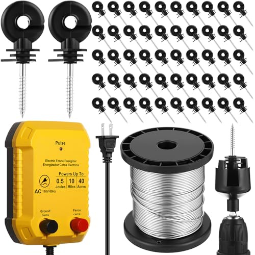 MorningRo Electric Fence for Preventing Animals Intruding 2 Mile 110VAC Electric Plug in Fence, 50 Black Insulator and 1 Socket Tool 250ft Aluminum Wire for Animals and Keep Out Predators(0.5 Joule)