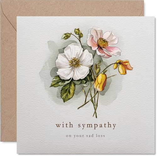 Sympathy Card, Gentle Words in Tough Times | Watercolour Bouquet with Pink, White and Yellow Blooms, 145mm Square, Envelope Included