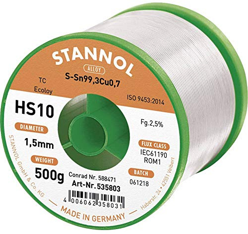 Stannol HS10 2510 Loetzinn, bleifrei Spule Sn99,3Cu0,7 500g 1.5mm
