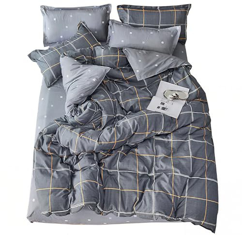 ED-Lumos Funda nórdica Microfibra Juego de Ropa de Cama 4 Piezas para Cama 135-150cm Funda de Edredón 240x220cm Sábana encimera 230x250cm Funda de Almohada 48x74cm Poliéster Cuadros Gris