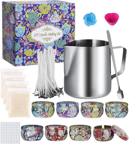 Candle DIY Making Kit, Candle Beginners DIY-Set, Starter-Set mit Kerzendosen Krug Kerze Dochte, Bienenwachs, Dochte Halter, Löffel, Wick Aufkleber (DIY1)
