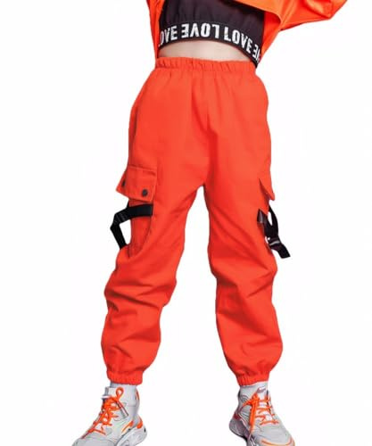 Rolanko Pantaloni Cargo per Bambini,Pantaloni da Jogging per Ragazzo e Ragazza Street Hip Hop Dance(Arancione,10-11 anni/150)