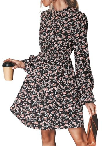 CUPSHE Damen Kleid Mock Neck Langarm Blumenprint Kurzes Herbstkleid Freizeitkleider Elegant Party Smocked Mini Dress Schwarz L