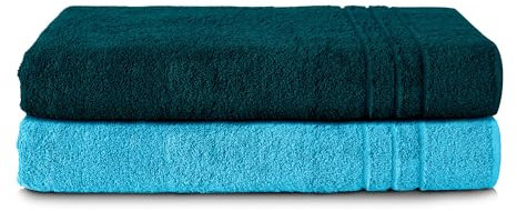 Komfortec 2er Saunatuch Set 70x200 cm aus 100% Baumwolle, XXL-Saunatücher, Sauna Handtuch, Weich, Groß, Frottee, Schnelltrocknend, Petrol/Türkis