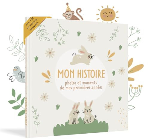 HuBorns - Livre de Naissance Bébé pour Coller des Photos et Écrire avec plus 50 Pages et Autocollants, Album Photo Bebe de Première Année jusqu'à ses 5, Idéal comme Cadeau Naissance (Français)
