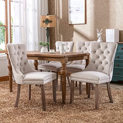 HomeTouch Luxury Velvet Kitchen Dining Chairs Set of 4 Upholstered Knocker Wing Back Accent Office Chairs with Oak Wood Legs for Dining Room Bedroom, Hand Made (4, Beige)