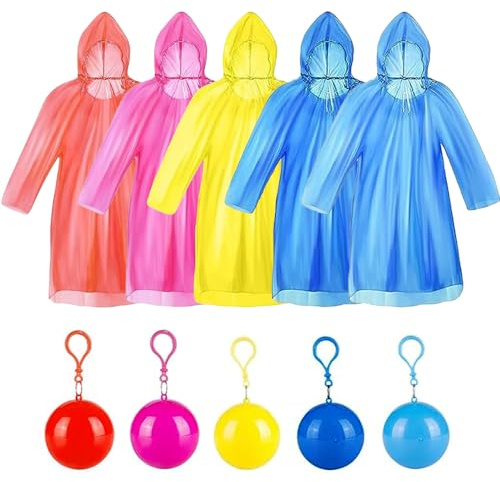 dogmoon Disposable Emergency Rain Ponchos, 10PCS Waterproof Raincoats Packaged in Keychain Ball with Hook, Disposable Rain Poncho with Hoods for Camping Cycling & Outdoor Activities(5 Color)