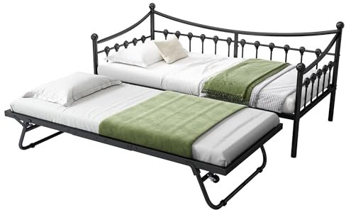 Azkoeesy Schlafsofa, Tagesbett, Kinderbett, 90 x 200 cm, mit ausziehbett, Gästebett, Jugendbett, Funktionsbett, mit Lattenrost und Faltbares Bein - Schwarz