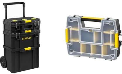 STANLEY - SERVANTE 3 EN 1 QUICKLINK - Boîte à outils avec porte-outils intégré + Coffre de chantier & STST1-70720 - Organiseur SortMaster, noir, transparent