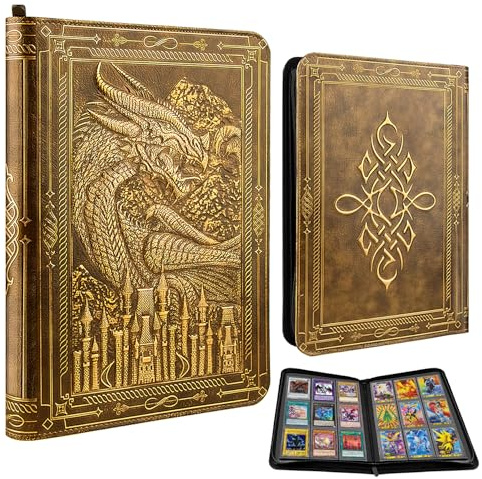 TIANREN Card Binder 9 Pocket, 3D PU Leather Album with Zipper, 360 Side Loading Pockets for TCG, MTG, Lorcana, Other Collectible Cards, Trading Card Game Protective Folder Album (Golden Brown)