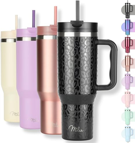 Milu Thermobecher 1,2L mit Strohhalm und Henkel 48h Eis/24h kalt/12h heiß Edelstahl Tumbler 40oz mit Griff - Isolierbecher to go Isolierflasche Trinkflasche doppelwandig isoliert (Black Leopard, 1,2L)