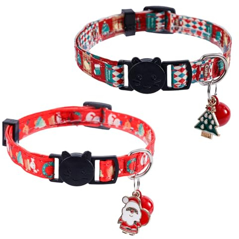 2 collares ajustables para gatito con campanas, bonito collar de gato con colgante de Papá Noel y árbol de Navidad, collares separables para gatito y cachorro