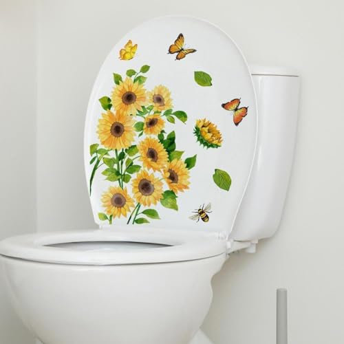 Yellow Sunflower Butterfly Bathroom Toilet Sticker Self-Adhesive Waterproof PVC Wall Murals Floral Lid Decals Stickers Home Art Decor DIY Removable Waterproof Toilets Sticker,Toilet Accessories
