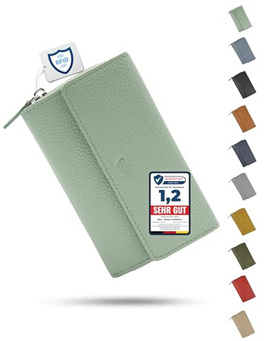 Baur Damen Geldbörse – Echtes Leder mit RFID-Schutz – Großes Portemonnaie mit 14 Kartenfächern – Druckknopfverschluss & Münzfach mit Reißverschluss (Salbei-Grün)