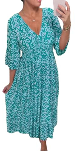 Vestido Maxi Bohemio Talla Grande en Tejido Fluido Transpirable｜Cuello V Cruzado｜Floral Mangas 3/4｜Vacaciones