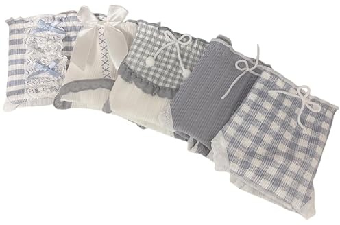 Lot de 5 culottes mignonnes en coton pour femme - Style japonais kawaii - Taille mi-haute - Couverture complète - Doux - Nœud décoratif - Imprimé vichy - Bordure à volants - Confortable - Pour le