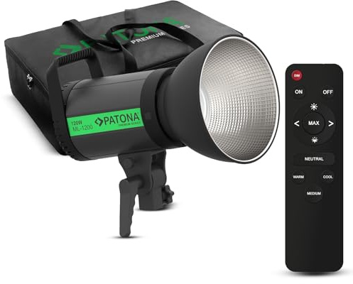 PATONA Premium LED professionell fotoljus videolampa COB ML-1200 | 120 W | Bi-Color | Färgtemperatur 3 200 K – 5 600 K | 9 800 lumen | LCD-display | fjärrkontroll | Studio och utomhus | inkl. bärväska