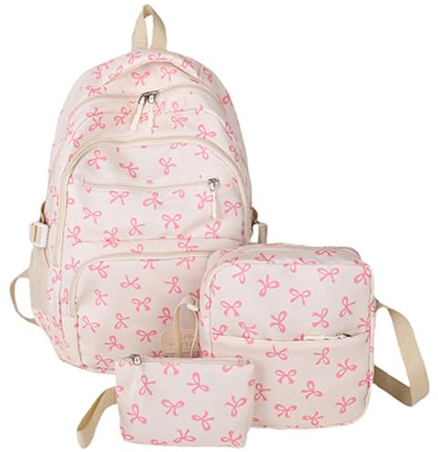 Bow School Bags for Girls, 3PCS Cute School Backpack, Crossbody Bag, Small Bag Set, Kawaii Rucksack Aesthetic Coquette Style Daypack for Teens & Kids, Primary, Secondary & Middle School (Pink)
