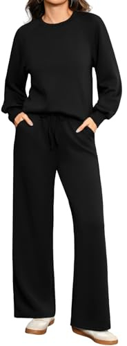 Totatuit Conjunto de deporte mujer sweatshirt cuello redondo pantalón con bolsillos jogging amplio casual Negro，XL