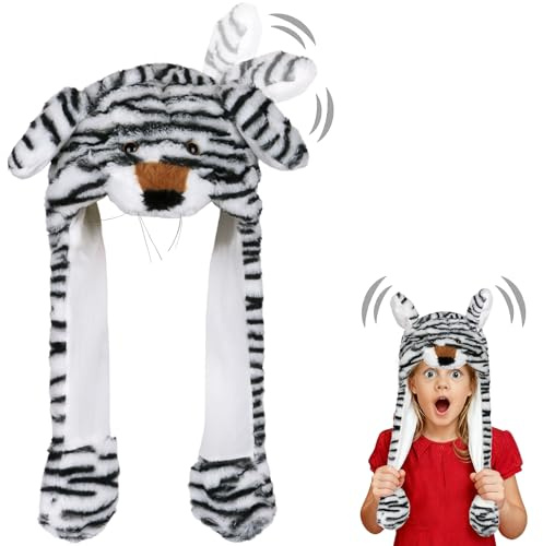 SilverChry Gorro Orejas Que Se Mueven, Sombrero Conejo con Orejas Móviles, Gorro Conejo Mueve Orejas, Cálido y Cómodo, Adecuado para El Calor Invernal,Fiestas de Disfraces,Navidad (Tigre Blanco)