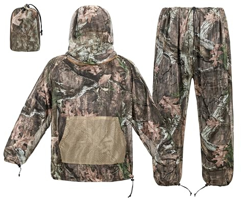 GHILEO Camo Repellent Mosquito Suit With Bug Hat, Mosquito Proof Clothing Jacket and Pants, Camo With Pocket, Large